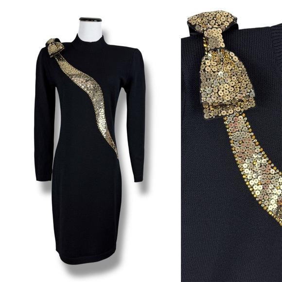 St. John Evening Gold Sequin Black Knit Dress w/ Gold Bow 2 - Long Sleeve, Sash - Picture 1 of 13